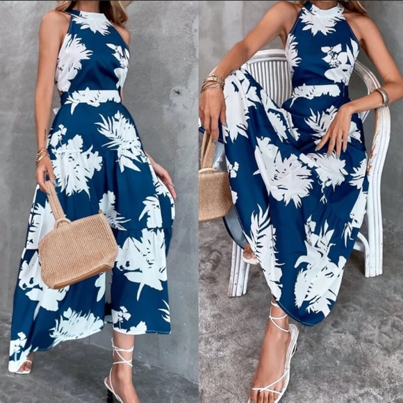 Boho floral plants cutout back ruffle hem dress - Picture 3 of 10